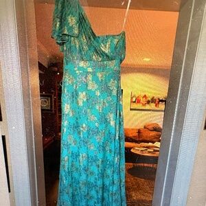 ShoshannaShoshana Aqua Gold One Shoulder Party Formal Evening Gown Dress--Size 6